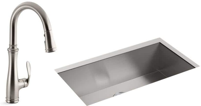 KOHLER Lyric Undermount Stainless Steel 32 in. Single Bowl Kitchen Sink with Bellera Faucet in Vibrant Stainless