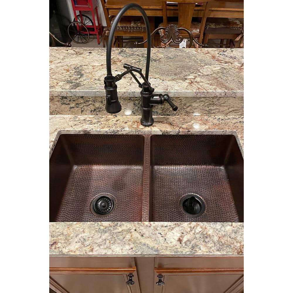 Premier Copper Products Undermount Hammered Copper 33 in. 0-Hole Double Bowl Kitchen Sink in Oil Rubbed Bronze