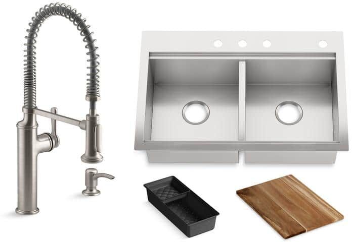 KOHLER Lyric Workstation 33 in. Dual Mount Stainless Steel Double Bowl Kitchen Sink with Sous Semi Pro Kitchen Faucet