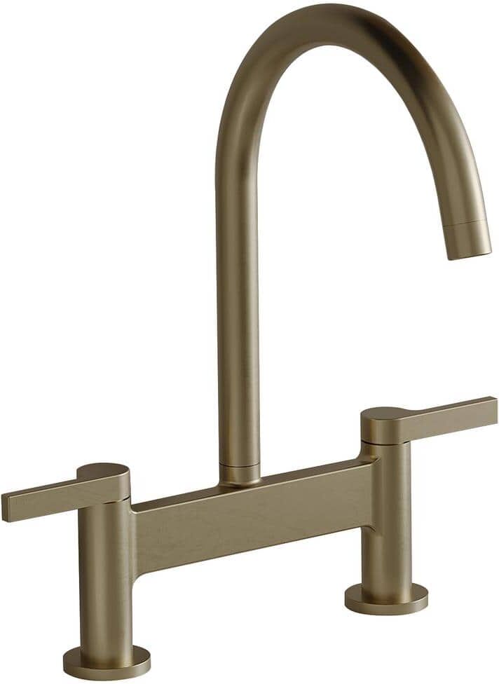 BWE Modern Double-Handle 2-Holes Deck Mount Bridge Kitchen Faucet With 360 Swivel Spout Sink Faucet in Brushed Gold