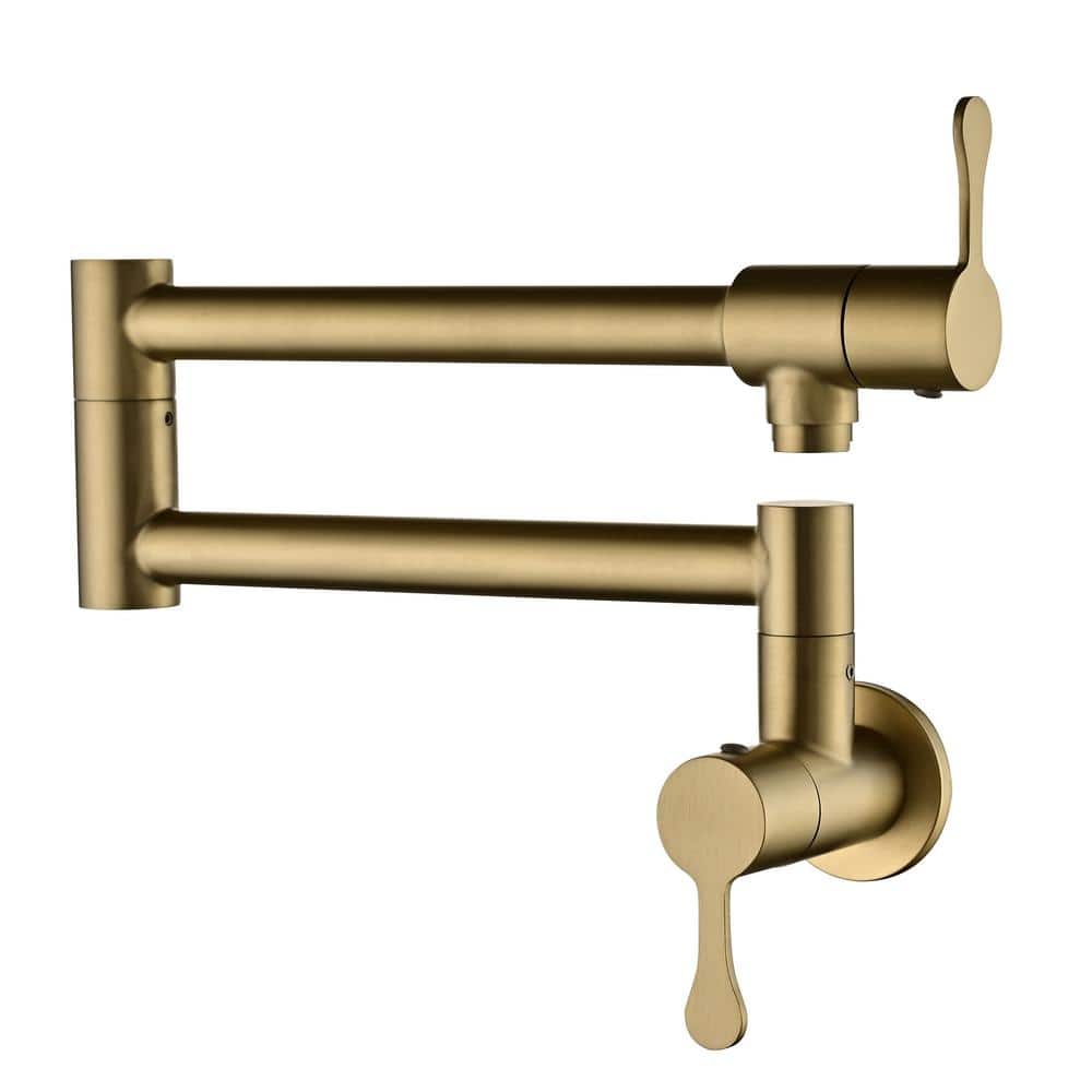 Flynama Wall Mounted Pot Filler Double-Handle Kitchen Sink Faucet Folding Stainless Steel Swing Arm Modern Taps in Brushed Gold