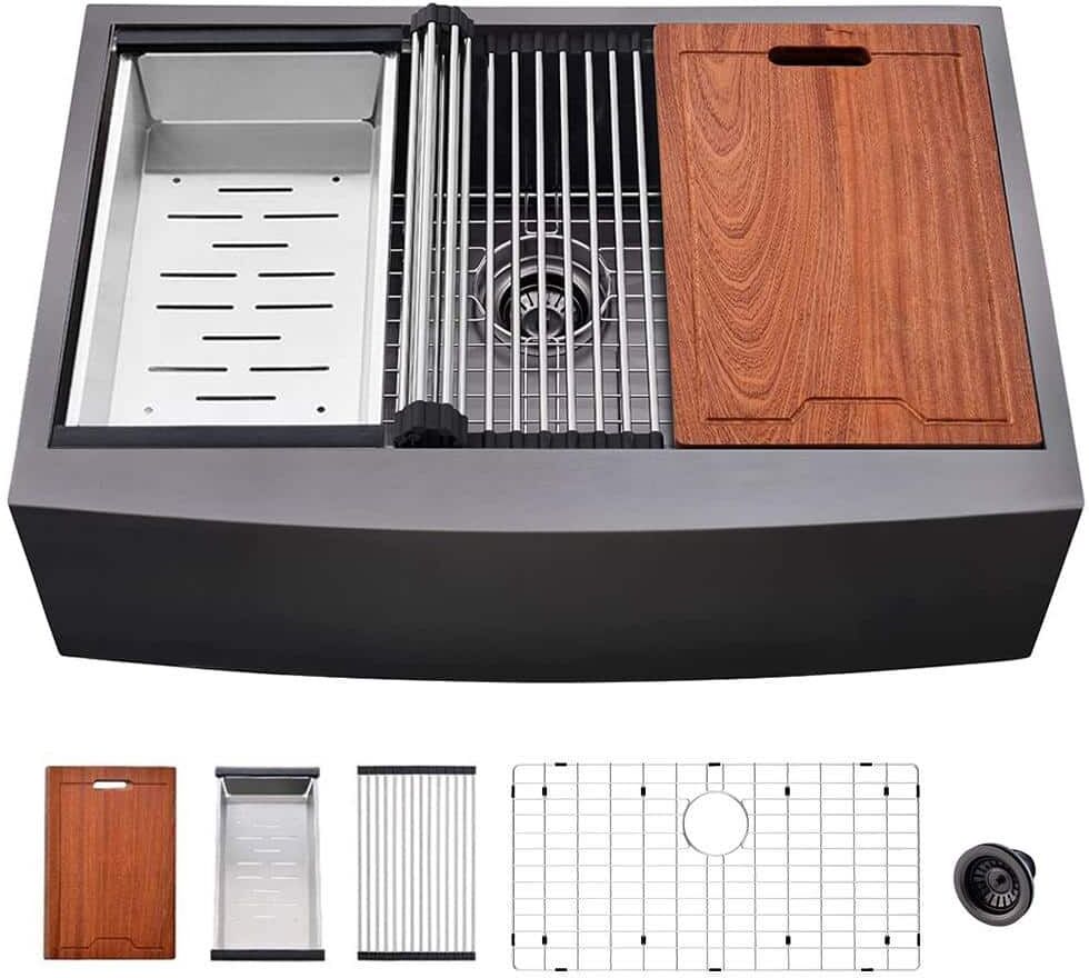 33 in. L X 22 in. W Matte Black Stainless Steel Single Bowl Farmhouse Apron Workstation Kitchen Sink with Accessory