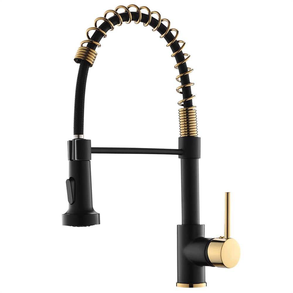 FLG Single Handle Commercial Gooseneck Pull Down Sprayer Kitchen Faucet Brass Modern Sink Taps in Black and Polished Gold