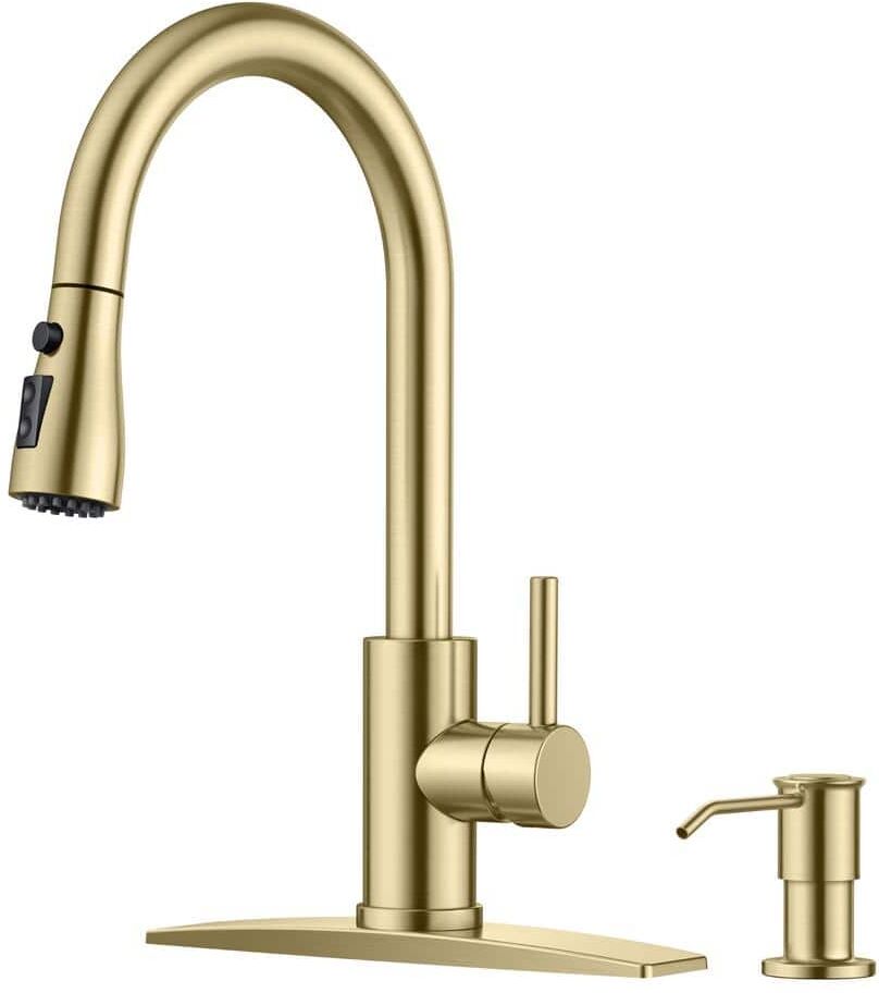 androme Single-Handle Pull Down Sprayer Kitchen Faucet with Soap Dispenser Stainless Steel in Brushed Gold