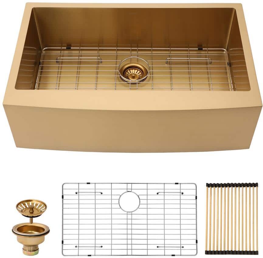 30 in Farmhouse/Apron-Front Single Bowl 16-Gauge Gold Stainless Steel Kitchen Sink with Rolling Drying Rack