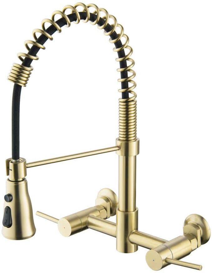 matrix decor Double Handle Wall Mount Gooseneck Pull Down Sprayer Kitchen Faucet in Brushed Gold