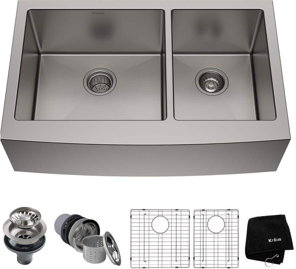 KRAUS Standart PRO Farmhouse Apron-Front Stainless Steel 33 in. Double Bowl Kitchen Sink