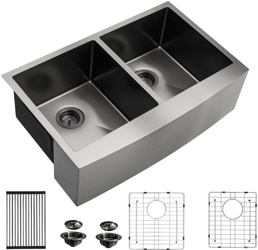 Heemli 33 in. Farmhouse/Apron-Front Double Bowl 16-Gauge304 Stainless Steel Gunmetal Black 60/40 Kitchen Sink with Accessories