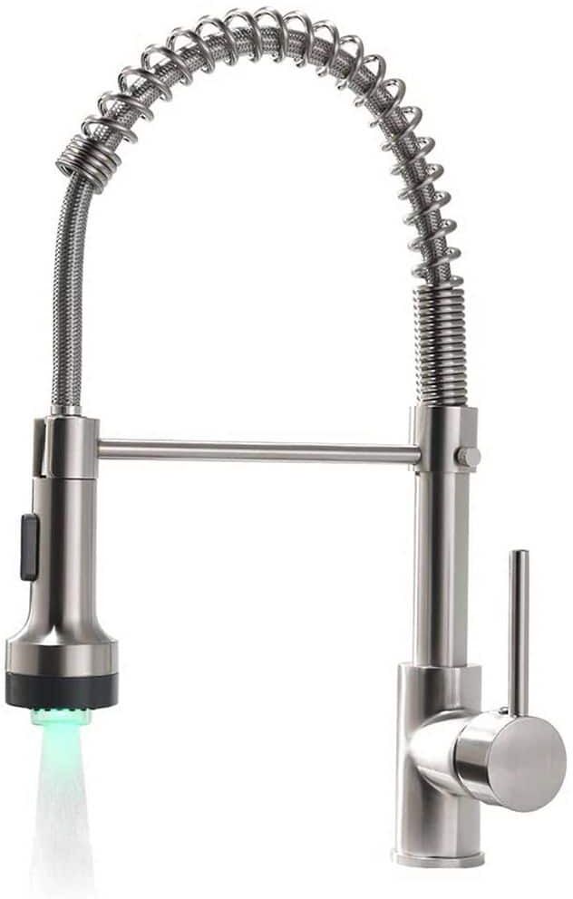 FLG Single-Handle Commercial LED Kitchen Sink Faucet With Sprayer Pull Down Kitchen Faucets Modern Spring Tap Brushed Nickel