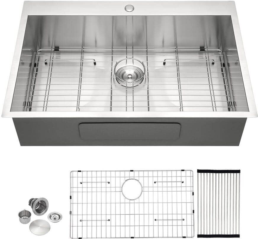 Brushed Nickel Stainless Steel 33 in. x 22 in. Single Bowl Undermount Kitchen Sink with Bottom Grid