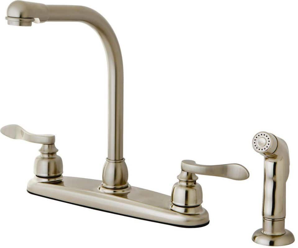 Kingston NuWave French 2-Handle Deck Mount Centerset Kitchen Faucets with Side Sprayer in Brushed Nickel