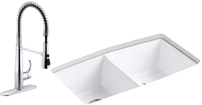 KOHLER Brookfield All-in-One Undermount Cast Iron 33 in. Double Bowl Kitchen Sink in White with Simplice Kitchen Faucet