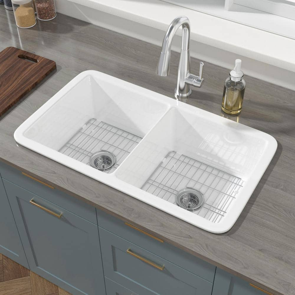 HOMLYLINK Kitchen Sink 32 in. Drop-In/Undermount Double Bowl White Fireclay Kitchen Sink with Strainer and Bottom Grid