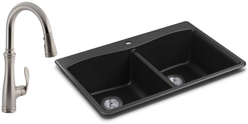 KOHLER Kennon Drop-in/Undermount Granite Composite 33 in. Double Bowl Kitchen Sink with Bellera Kitchen Faucet in Matte Black