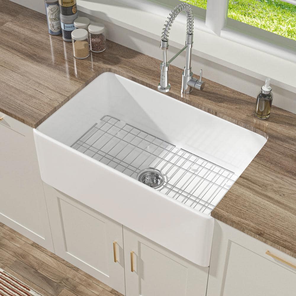 HOMLYLINK Farmhouse Kitchen Sink 30 in. Apron Front Single Bowl White Fireclay Kitchen Sink with Bottom Grids and Drain Barn Sink