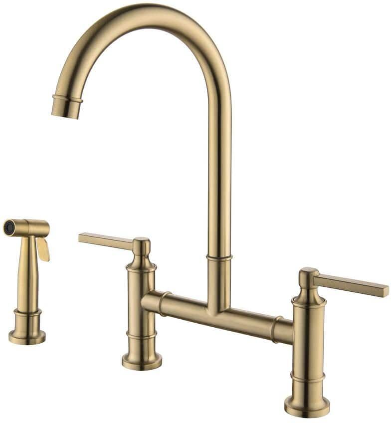 AIMADI Double -Handle Bridge Kitchen Faucet with Side Sprayer Modern 3 Hole Stainless Steel Kitchen Sink Taps in Brushed Gold