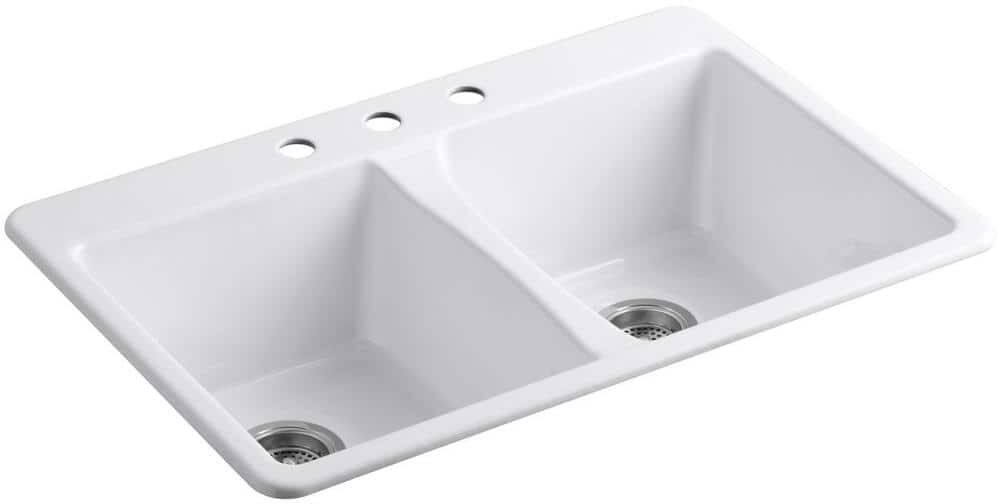 KOHLER Deerfield Drop-In Cast Iron 33 in. 3-Hole Double Bowl Kitchen Sink in White