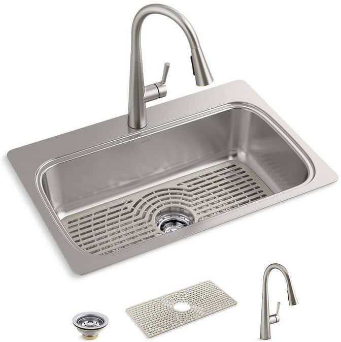 KOHLER Verse Stainless Steel 33 in. Single Bowl Drop-In Kitchen Sink with Faucet