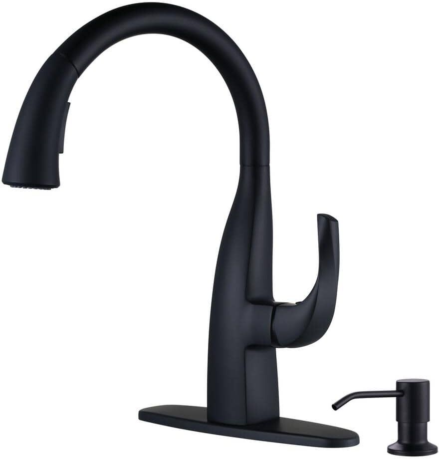 WOWOW Single Handle Pull Down Sprayer Kitchen Faucet with Soap Dispenser in Black