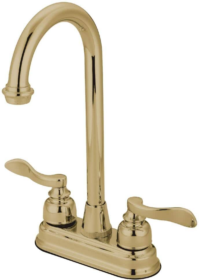 Kingston NuWave French 2-Handle Deck Mount Gooseneck Bar Prep Faucets in Polished Brass