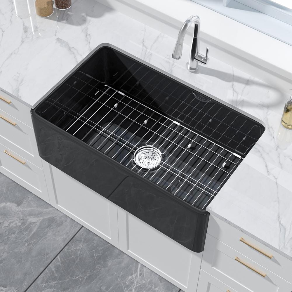 HOMLYLINK Farmhouse Kitchen Sink 30 in. Apron Front Single Bowl Black Fireclay Kitchen Sink Barn Sink Farm Sink with Bottom Grids