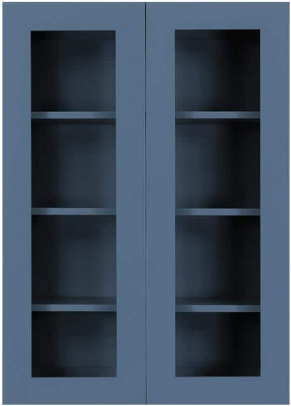 LIFEART CABINETRY Lancaster Blue Plywood Shaker Stock Assembled Wall Glass-Door Kitchen Cabinet 27 in. W x 12 in. D x 42 in. H