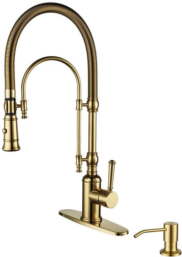 ALEASHA Single Handle Pull Down Sprayer Kitchen Faucet with Soap Dispenser in Brushed Gold