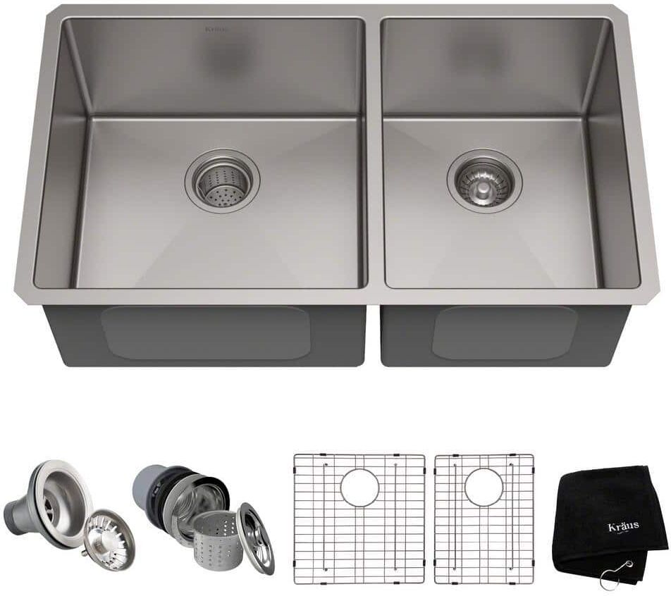 KRAUS Standart PRO 33in. 16 Gauge Undermount 60/40 Double Bowl Stainless Steel Kitchen Sink