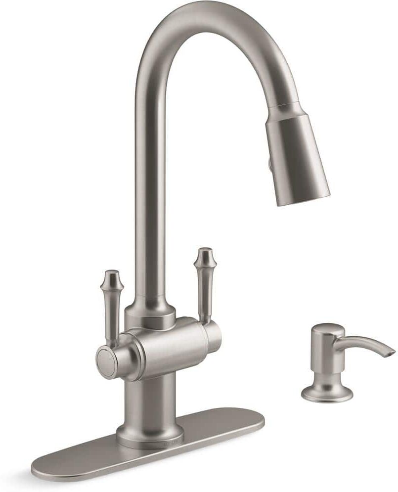 KOHLER Thierry Two Handle Pull-Down Sprayer Kitchen Faucet with Soap Dispenser in Vibrant Stainless