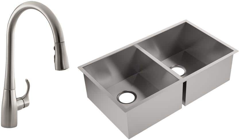 KOHLER Lyric All-in-One Undermount Stainless Steel 32 in. Double Bowl Kitchen Sink with Simplice Kitchen Faucet