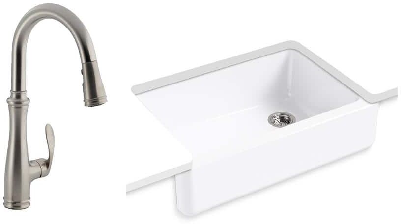 KOHLER Whitehaven All-in-One Undermount Cast Iron 33 in. Kitchen Sink in White with Bellera Faucet in Stainless Steel