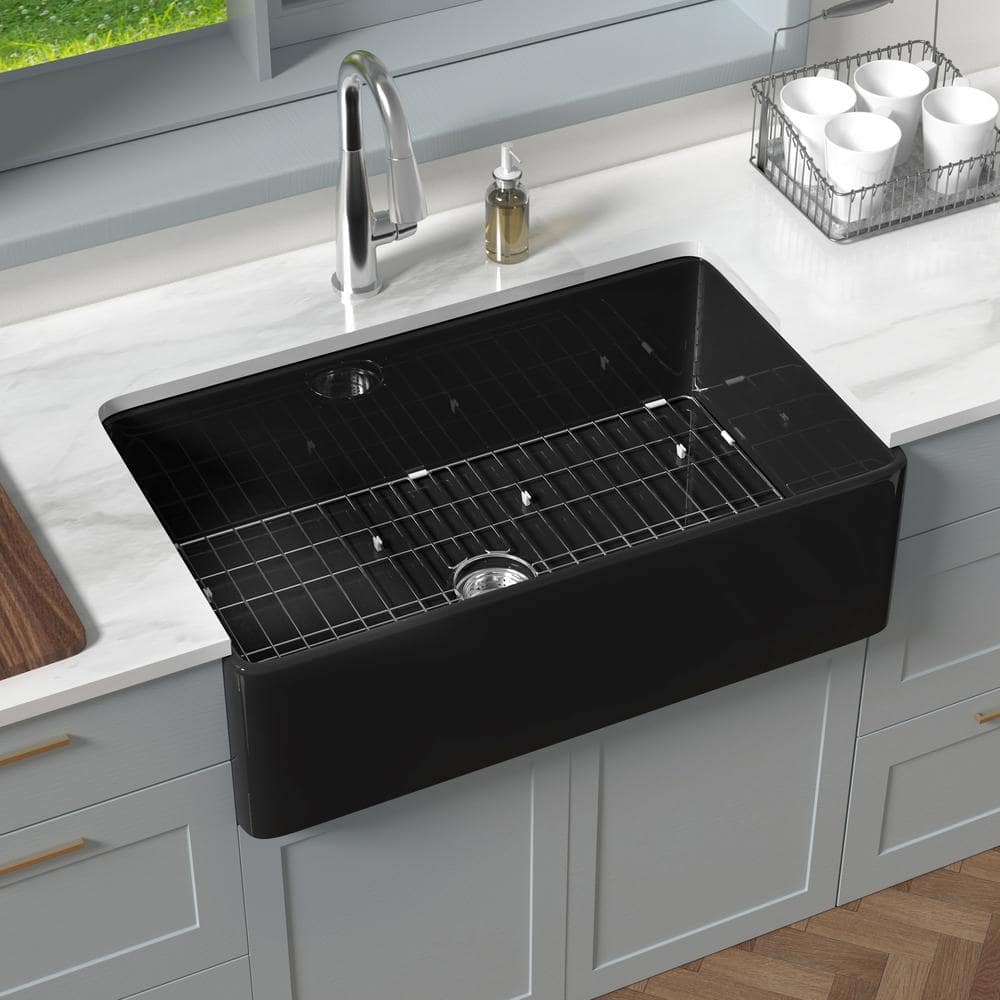 HOMLYLINK 33 in. Farmhouse Sink Single Bowl Crisp Black Fireclay Kitchen Sink Apron Farmhouse Kitchen Sink with Strainer and Grid