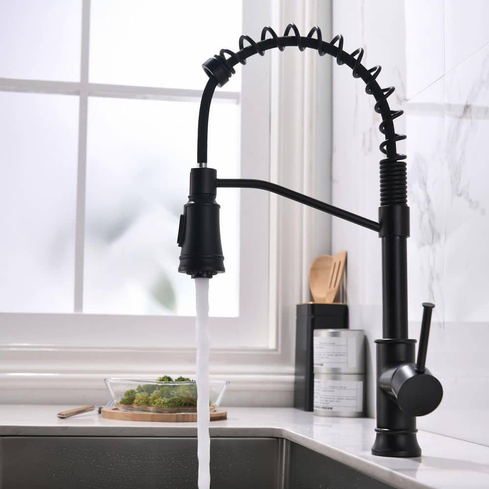 FLG Single Handle Kitchen Faucet with Pull Down Sprayer Single Hole Brass Commercial Modern Kitchen Basin Tap in Matte Black