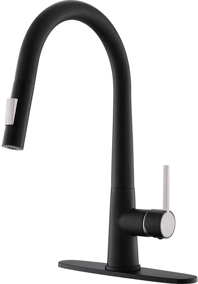 matrix decor Single Handle Deck Mount Gooseneck Pull Down Sprayer Kitchen Faucet with Deckplate and Handles in Black