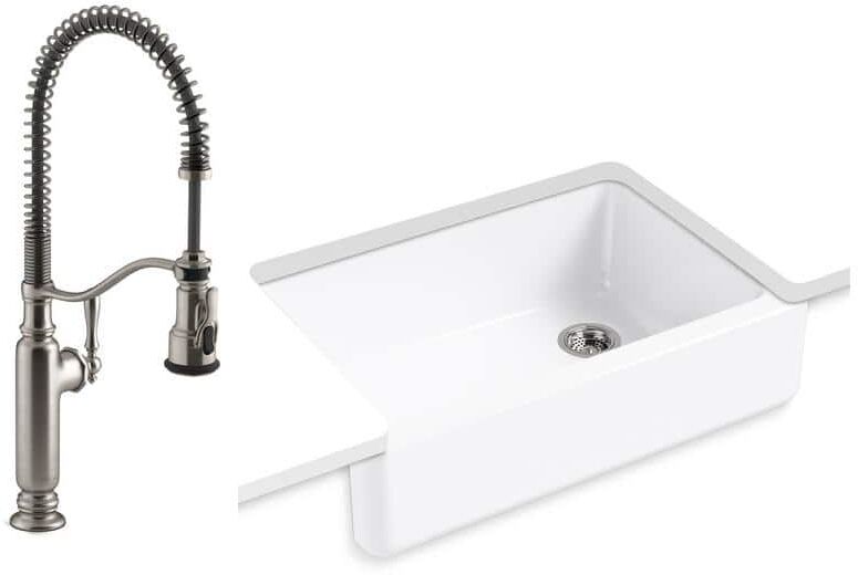 KOHLER Whitehaven All-in-One Undermount Cast Iron 33 in. Kitchen Sink in White with Tournant Faucet in Stainless Steel