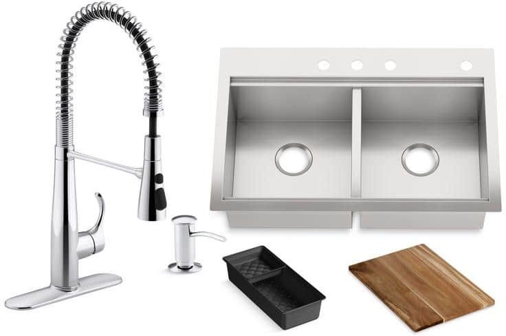 KOHLER Lyric Workstation 33 in. Dual Mount Stainless Steel Double Bowl Kitchen Sink with Simplice Semi pro Kitchen Faucet