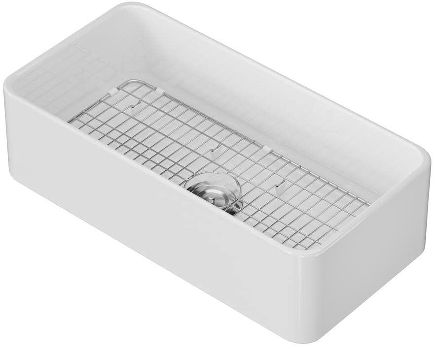 Pro-Ject 36 in. White Fireclay Single Bowl Farmhouse Apron Kitchen Sink Workstation Kitchen Sink with Bottom Grid