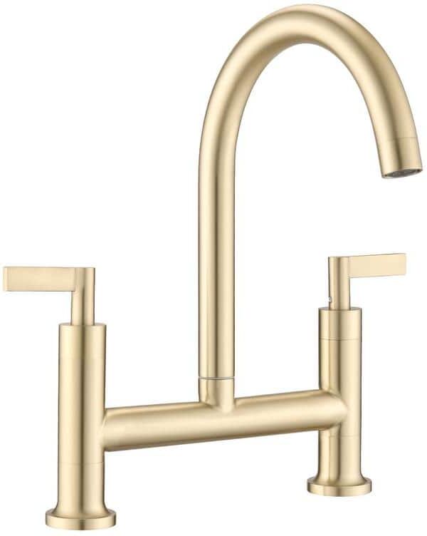 Double Handle Bridge Kitchen Faucet with 360-Degree Swivel Spout Modern Kitchen Sink Faucet in Brushed Gold