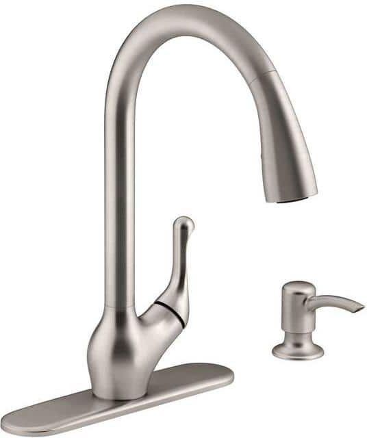 KOHLER Barossa Single-Handle Pull-Down Sprayer Kitchen Faucet with Soap/Lotion Dispenser in Vibrant Stainless