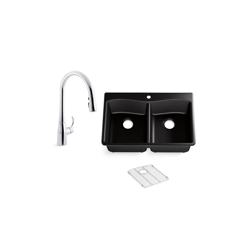 KOHLER Kennon Drop-In/Undermount Neoroc Granite Composite 33 in. Double Bowl Kitchen Sink with Simplice Faucet