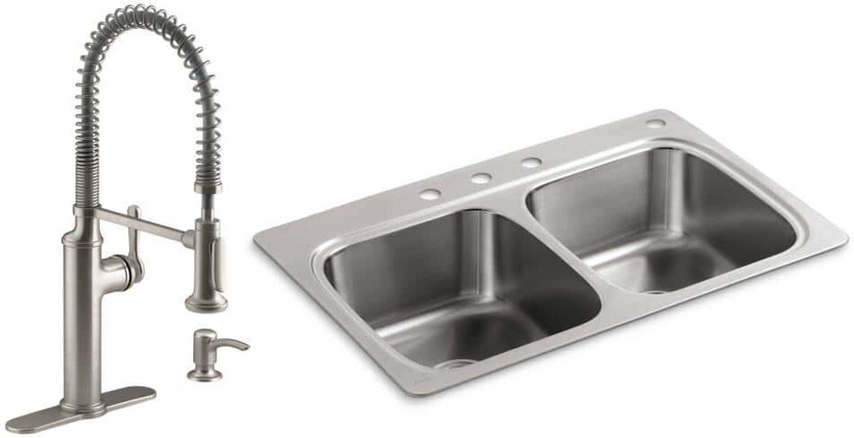 KOHLER Verse All-in-One Drop-in Stainless Steel 33 in. Double Bowl Kitchen Sink with Sous Kitchen Faucet