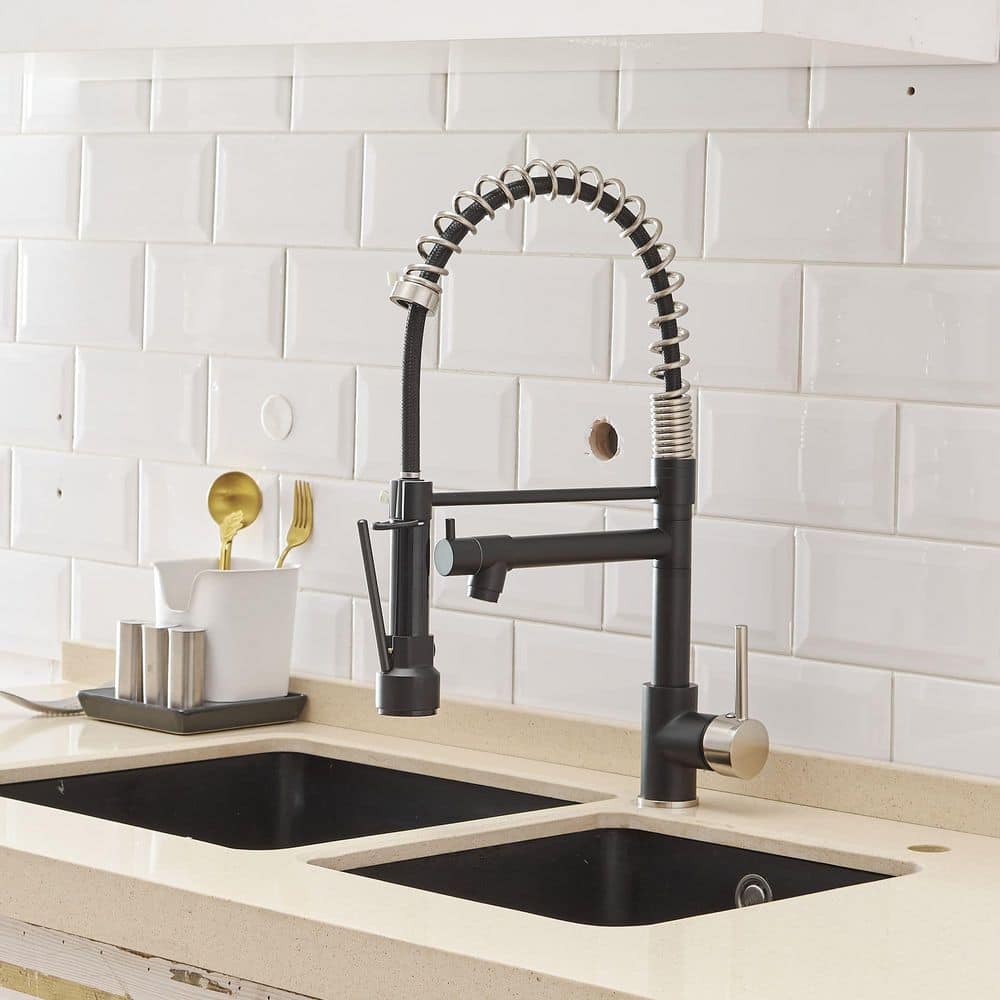 FLG Double Handle Kitchen Sink Faucet with Pull Down Sprayer Commercial Modern Brass Taps in Brushed Nickel & Matte Black