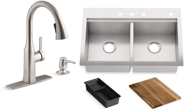 KOHLER Lyric Workstation 33 in. Dual Mount Stainless Steel Double Bowl Kitchen Sink with Rubicon Kitchen Faucet