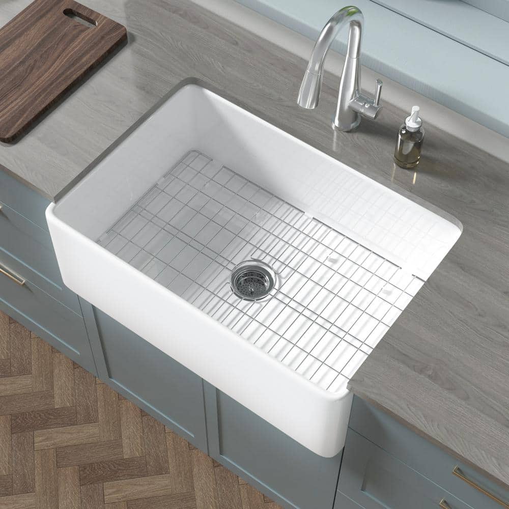 HOMLYLINK 30 in. Farmhouse Sink Single Bowl Crisp White Fireclay Kitchen Sink Apron Sink with Strainer and Bottom Grid