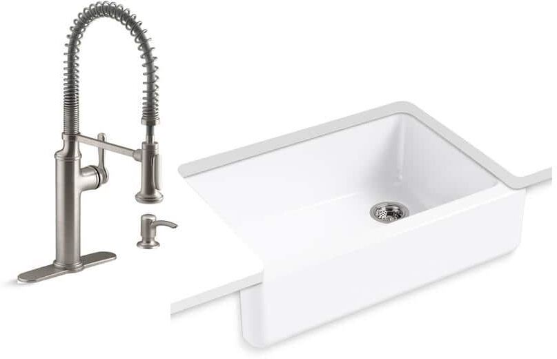 KOHLER Whitehaven All-in-One Undermount Cast Iron 33 in. Single Bowl Kitchen Sink in White with Sous Faucet in Stainless Steel