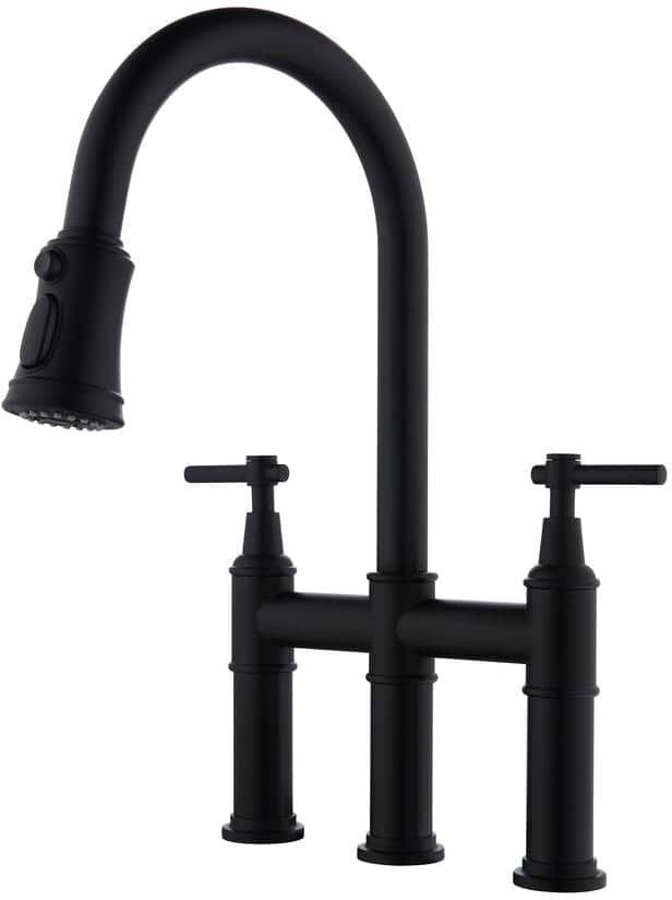 Double Handle Bridge Kitchen Faucet with Pull-Down Sprayhead in Matte Black