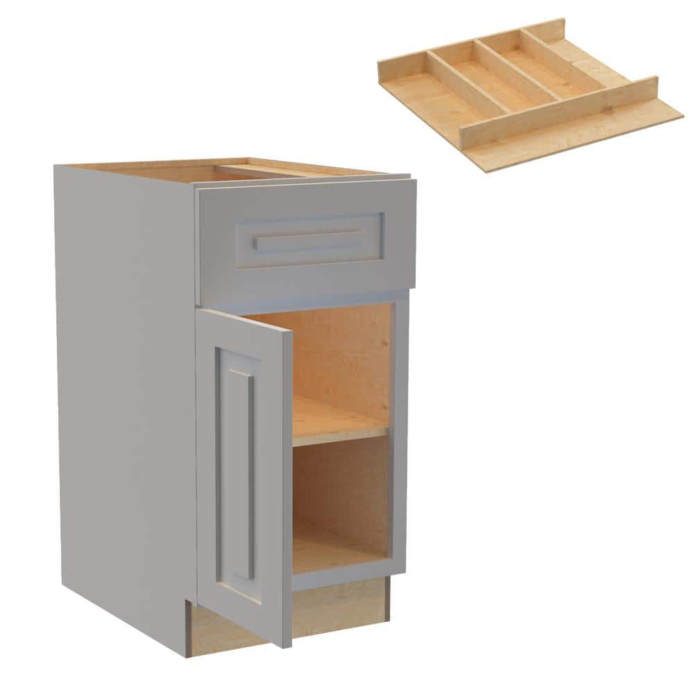 Home Decorators Collection Grayson Pearl Gray Painted Plywood Shaker Assembled Base Kitchen Cabinet Left UT Tray 18 in. W x 24 in. D x 34.5 in. H
