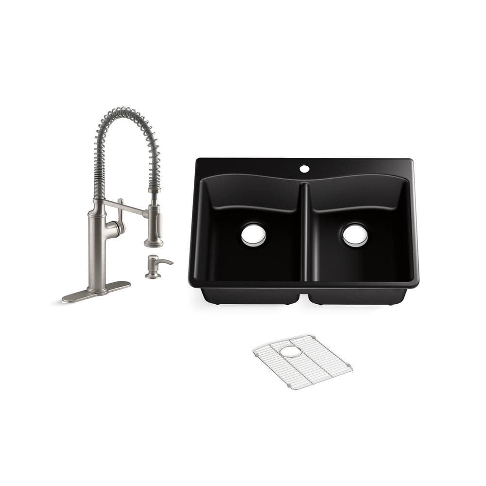 KOHLER Kennon Drop-in/Undermount Neoroc Granite Composite 33 in. Double Bowl Kitchen Sink with Sous Faucet in Matte Black