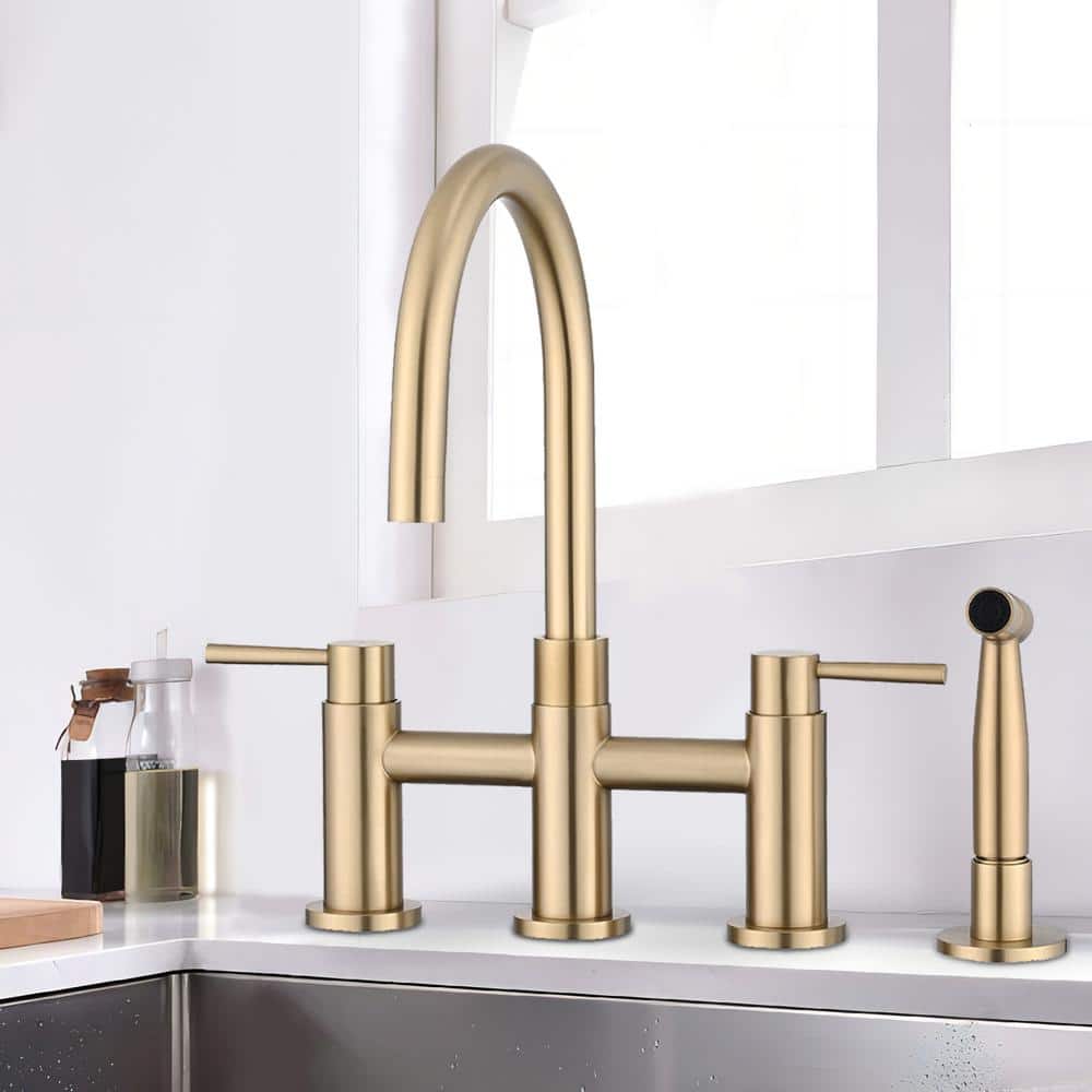 UPIKER Modern Double-Handle 360-Degree Swivel Spout Bridge Kitchen Faucet with Side Sprayer in Brushed Gold