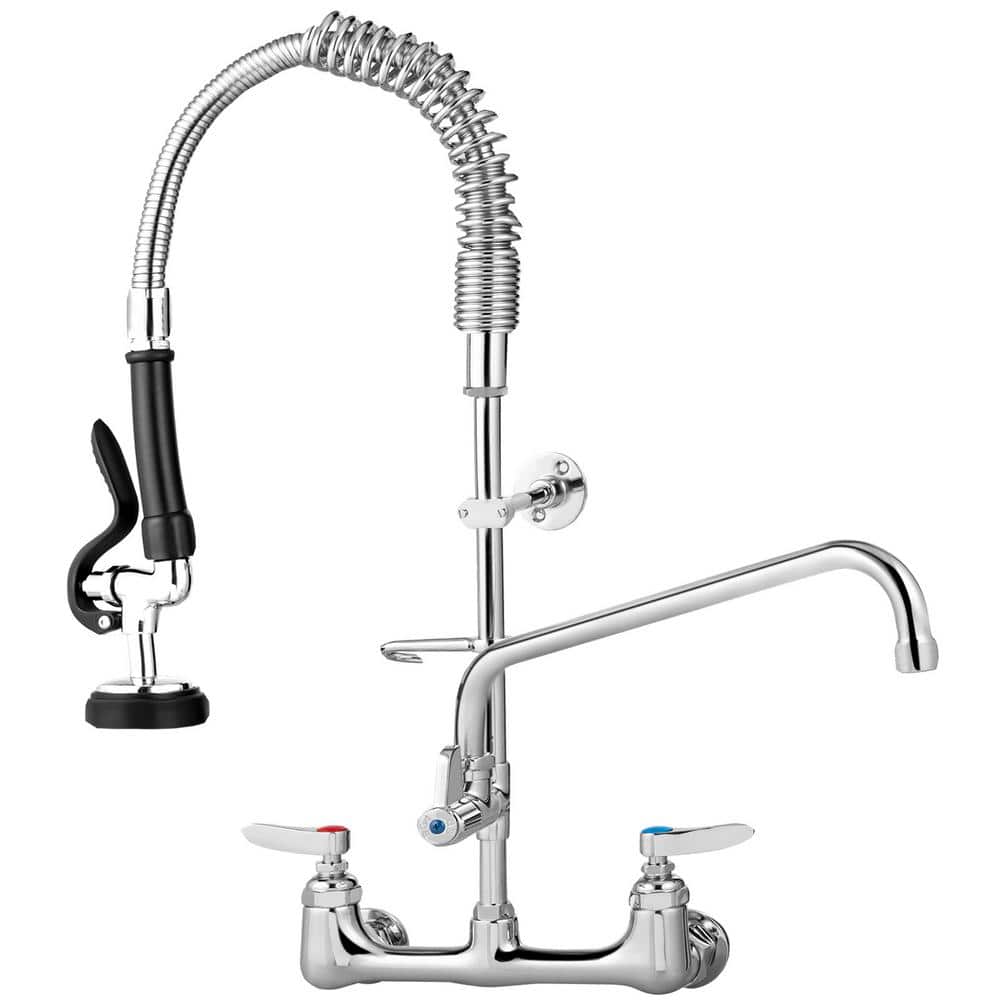 VEVOR Commercial Wall Mount Triple Handle Pull Down Sprayer Kitchen Faucet with Pre-Rinse Sprayer Stainless Steel in Silver